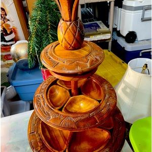 Vintage 3 tiered monkey pod pineapple party tray lazy susan